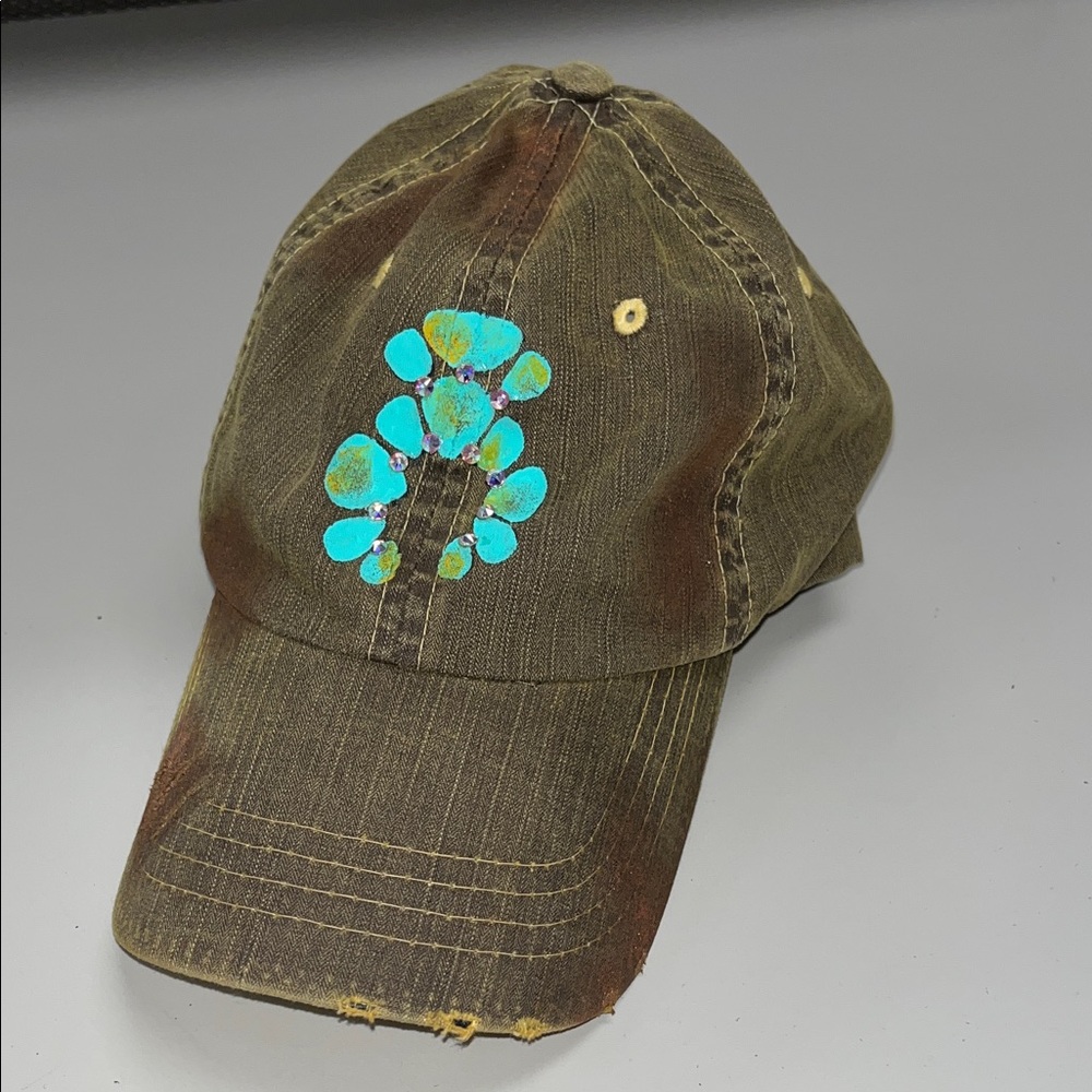 Source Unknown Distressed Brown Cap With Turquois… - image 1